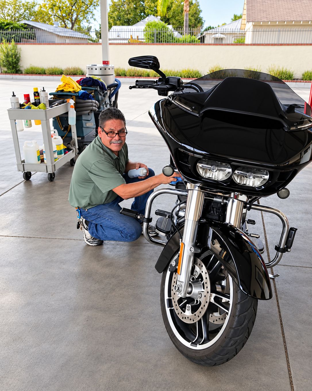 A detailer kneeling beside a black touring motorcycle, wiping down the front with a cloth and spray, with a cart of cleaning products behind him